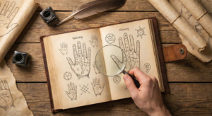 A person's hand uses a magnifying glass to closely examine palmistry illustrations in an open, antique leather-bound book, surrounded by aged scrolls, a quill, and inkwells on a wooden table.