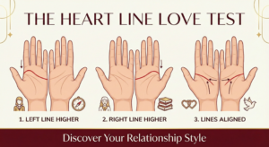 Mystical illustration of open hands for the heart line palmistry test with text "Discover Your Relationship Style."