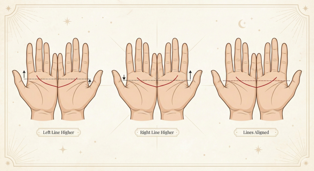 A heart line palmistry diagram comparing three hand alignments: left line higher, right line higher, and both lines perfectly aligned.