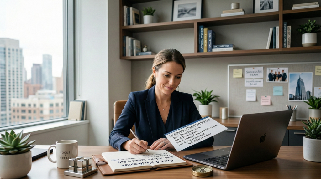 A professional woman at a modern office desk writing focus and manifestation goals in a notebook, illustrating how to use the law of attraction for career success.
