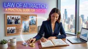 A professional woman setting career goals in a journal at her desk in a modern city office, beneath a vibrant neon sign which reads, 'Law of Attraction: A Practical Guide for Success', with details like a 'Focus' mug and a strategic corkboard.