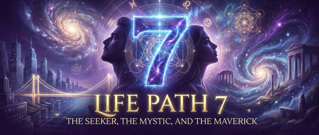 A mystical banner for Life Path 7 featuring a man and a woman in profile against a cosmic background with a glowing number 7, a futuristic city, and ancient ruins. Text reads: Life Path 7 The Seeker, The Mystic, and The Maverick.