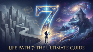 A mystical illustration for the ultimate guide to Life Path 7, showing a silhouette standing at a crossroads between a gray, mundane city and a vibrant, cosmic path leading to an ancient temple, with a large glowing number 7 in the center. Text reads: Life Path 7: The Ultimate Guide.