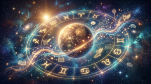 A cosmic astrological wheel surrounding the glowing planet Mercury in space, representing your mercury sign meaning and how it influences your communication style.