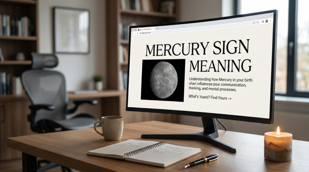 A modern home office workspace with a computer monitor displaying an article about your mercury sign meaning, alongside a notebook, pen, and lit candle.