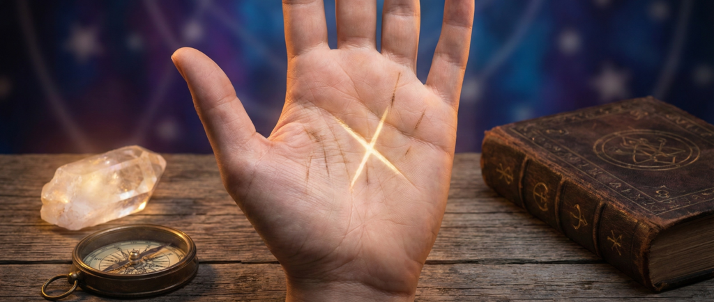 An open hand revealing a glowing cross in the center, illustrating mystic cross palmistry alongside a crystal and an old esoteric book.