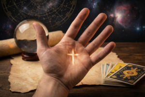 A close-up of an open hand displaying a glowing cross, illustrating mystic cross palmistry, surrounded by tarot cards, a crystal ball, and esoteric parchment.