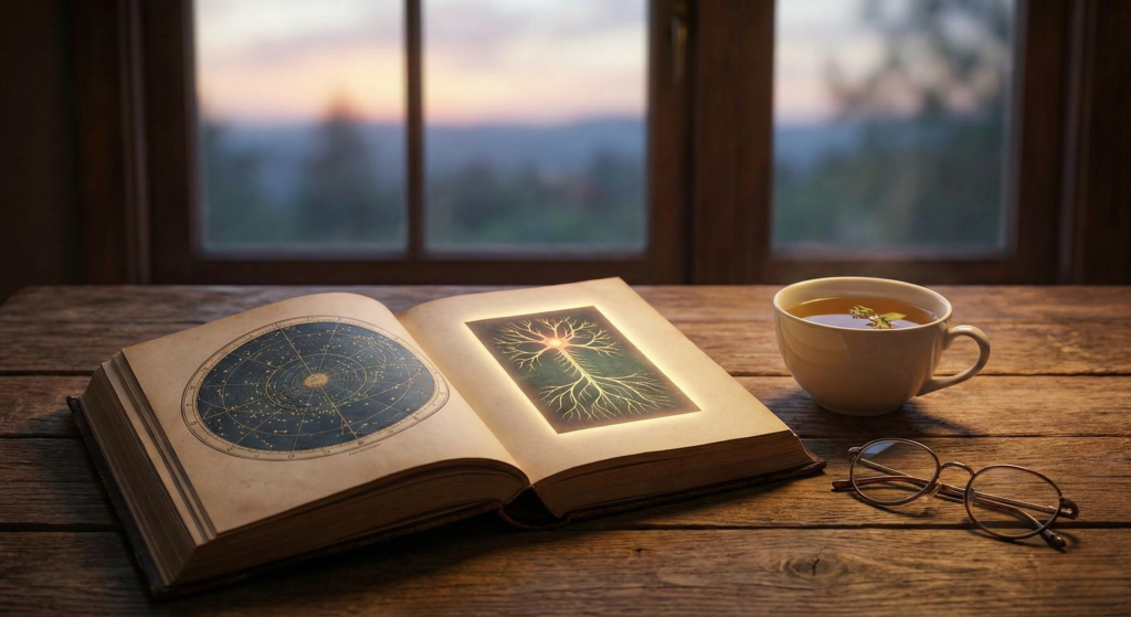A realistic banner photograph of an open antique book on a wooden desk displaying a celestial chart alongside a glowing nervous system illustration, setting the scene for exploring how zodiac signs handle stress.