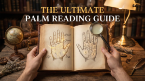 Feature image for The Ultimate Palm Reading Guide showing an open vintage book illustrating the major lines and mounts on a desk.