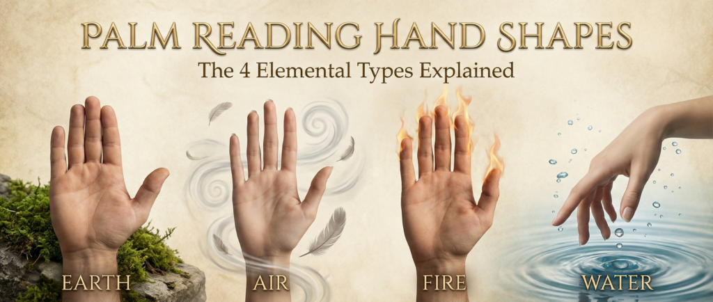 Banner illustration displaying the four elemental palm reading hand shapes—Earth, Air, Fire, and Water—side by side.