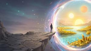 A silhouetted figure stands on a barren cliff edge, looking through a radiant portal into a vibrant, sunlit landscape, illustrating the concept of reality shifting.