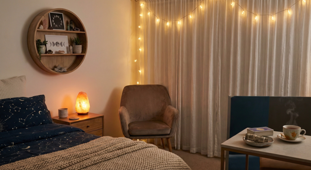 A cozy spiritual bedroom showcasing renter friendly decor, featuring celestial bedding, a glowing Himalayan salt lamp, a velvet chair, fairy lights over sheer curtains, and a round wooden crystal shelf.