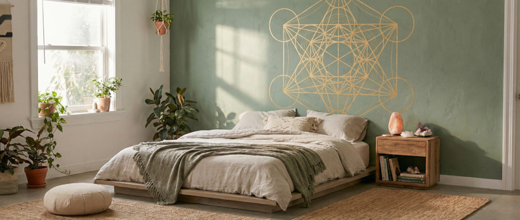 A calm, bohemian bedroom featuring a large gold Metatron's Cube mural on the sage green wall behind the bed, illustrating the use of sacred geometry shapes for creating peaceful spaces.