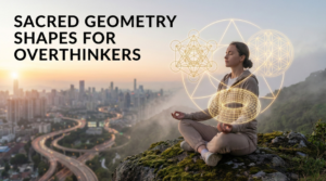 A woman meditating peacefully on a rocky hill above a busy city, surrounded by glowing sacred geometry shapes like Metatron's Cube and the Torus.