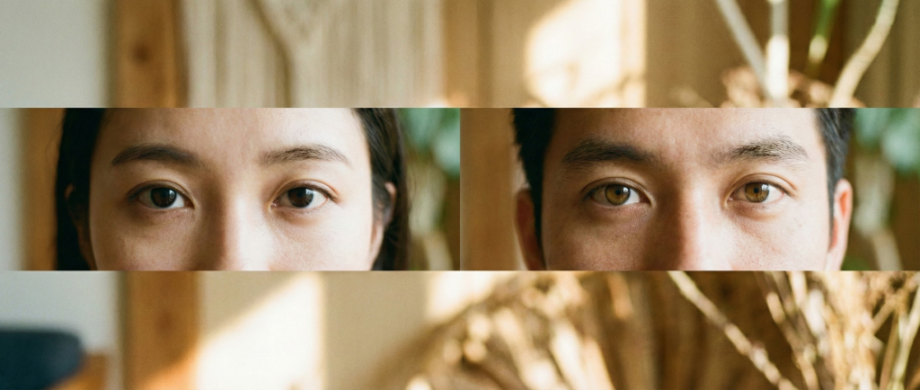 Close-up of two pairs of eyes demonstrating physical traits to explain the true Sanpaku eyes meaning.