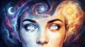 Watercolor illustration of a mystic face blending with cosmic sun and moon elements, representing Yin and Yang energy to illustrate the deep Sanpaku eyes meaning.