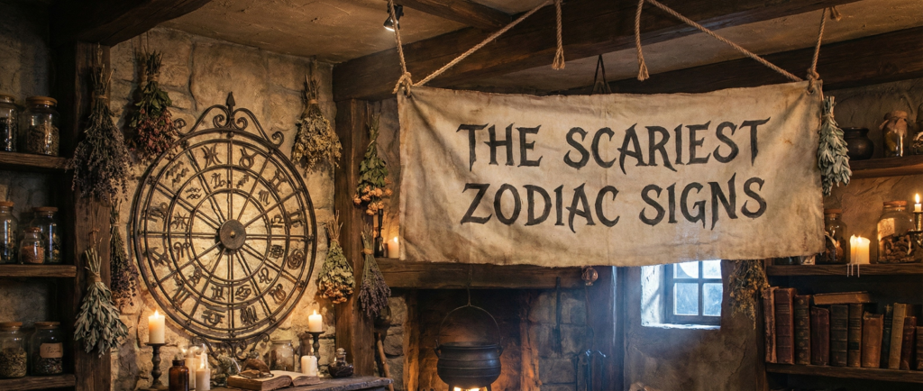 A mystic room featuring a hanging cloth banner reading "The Scariest Zodiac Signs" next to a rustic metal zodiac wheel mounted on a stone wall.