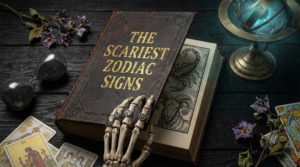 A spooky arrangement featuring a skeletal hand resting on an antique Grimoire titled "THE SCARIEST ZODIAC SIGNS," surrounded by tarot cards, an hourglass, and dried nightshade.