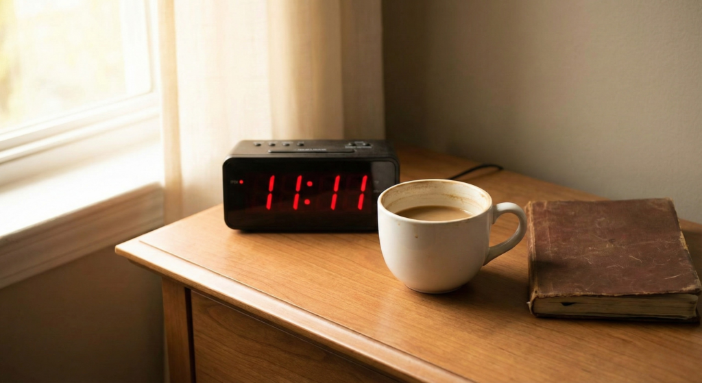A realistic morning scene featuring a digital alarm clock displaying 11:11 next to a coffee cup and a journal on a wooden nightstand, illustrating the everyday experience of seeing repeating numbers.