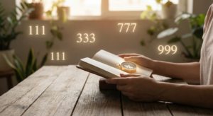 A person sitting at a wooden desk holding an open journal and a compass, experiencing the phenomenon of seeing repeating numbers like 111, 333, 777, and 999 glowing in the warm sunlight.