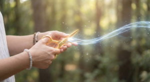 A person's hands using gold scissors to symbolically cut a glowing energy cord in a natural setting, representing a spiritual cord cutting ritual.