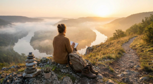 A woman sits on a cliffside path overlooking a misty river valley at sunrise, writing in a journal next to balanced stones, symbolizing the journey of spiritual growth.