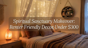 Featured image for a blog post showing a cozy bedroom with a canopy bed, fairy lights, a Himalayan salt lamp, and a moon shelf, with text overlay that reads "Spiritual Sanctuary Makeover: Renter Friendly Decor Under $300".