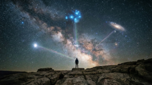 A person looking up at the night sky with the Pleiades, Sirius, and Andromeda star systems glowing, illustrating the cosmic connections in a Starseed birth chart.