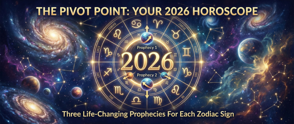 Cosmic astrology banner featuring a golden zodiac wheel and glowing text that reads "The Pivot Point: Your 2026 Horoscope - Three Life-Changing Prophecies For Each Zodiac Sign."