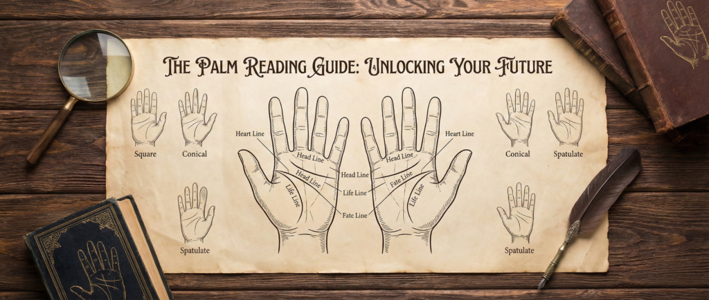 A vintage-style banner on a wooden table, titled, The Palm Reading Guide: Unlocking Your Future, featuring diagrams of various hand shapes and labeled palm lines like the Heart, Head, and Life lines on aged parchment.