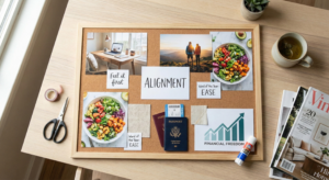 A flat lay displaying creative vision board ideas, featuring a corkboard with photos of healthy food, travel passports, a financial freedom graph, and an "ALIGNMENT" affirmation card on a wooden desk.