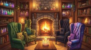 Featured image for the Witch Personality Test showing a cozy magical cottage with four distinct thrones—a green hearth chair, a vine-covered fae chair, a gothic raven chair, and a cosmic galaxy chair—arranged around a fireplace to reveal spiritual archetypes.