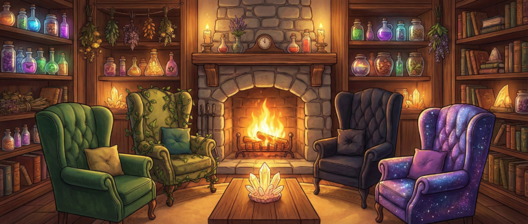 A cozy magical cottage scene featuring a glowing fireplace and four distinct armchairs—Green, Nature, Gothic, and Cosmic—arranged for a visual Witch Personality Test to reveal spiritual archetypes.