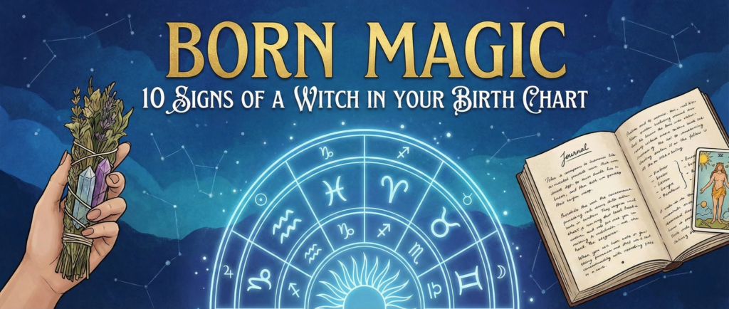 Dark blue celestial banner featuring the title "Born Magic," designed to illustrate the top 10 hidden witch placements in birth chart.