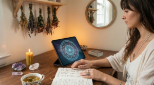 A woman sitting at a desk with tarot cards, crystals, and a digital zodiac wheel, analyzing her witch placements in birth chart to find hidden spiritual gifts.