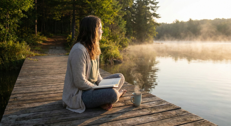 A peaceful scene of a woman journaling on a misty lake dock at sunrise, symbolizing the journey of spiritual growth and inner reflection.