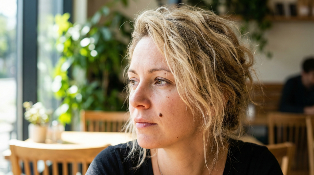 Woman with a prominent mole on her right cheek, pondering her spiritual mole on face meaning.