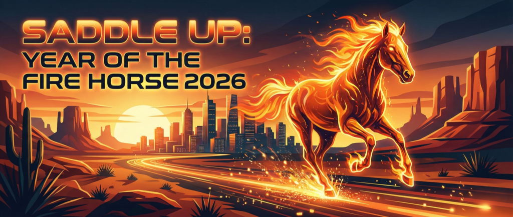Banner illustration with the title Saddle Up featuring a stylized flaming horse running through a desert city to represent the Year of the Fire Horse 2026.