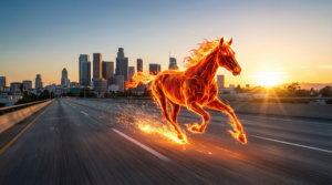 A horse made of fire galloping at high speed down a city highway at sunrise, symbolizing the rapid energy shift of the Year of the Fire Horse 2026.