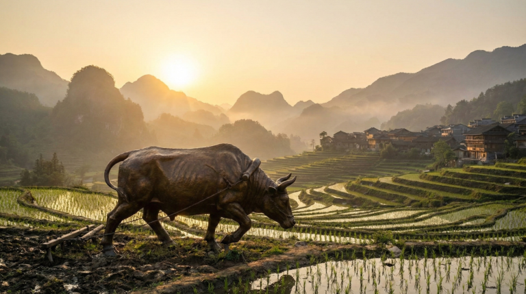 A powerful bronze ox statue tilling terraced rice fields at sunrise, symbolizing the strength and resilience of the Year of the Ox.