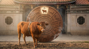 A sturdy ox standing in the foreground with a wooden Chinese zodiac wheel in the background, representing the determined spirit of the Year of the Ox.