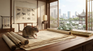 A rat standing on a wooden desk with architectural blueprints and Chinese scrolls, symbolizing the intelligent and strategic Year of the Rat.
