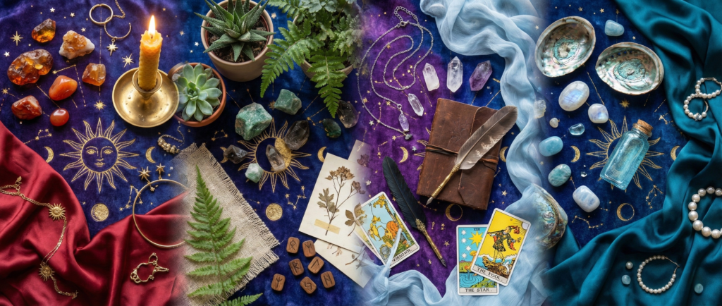 symbols. The layout includes Fire sign elements like red velvet and gold sun jewelry; Earth sign details with green ferns, wooden runes, and crystals; Air sign imagery with feathers, tarot cards, and blue silk; and Water sign accents with seashells, pearls, and moonstones on a starry blue background.