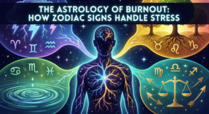 Featured image illustration titled "The Astrology of Burnout: How Zodiac Signs Handle Stress," depicting a central human nervous system connected to four elemental zones symbolizing fire, earth, water, and air zodiac signs.