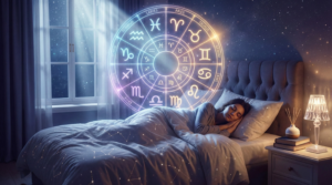 A mystical featured image showing a woman sleeping peacefully beneath a glowing astrological wheel projection and constellation bedding, illustrating the influence of the cosmos on zodiac signs sleep habits.