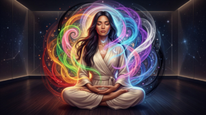A serene woman meditating in a dark room with starry walls, surrounded by vibrant, swirling energy ribbons representing different aura color meanings.