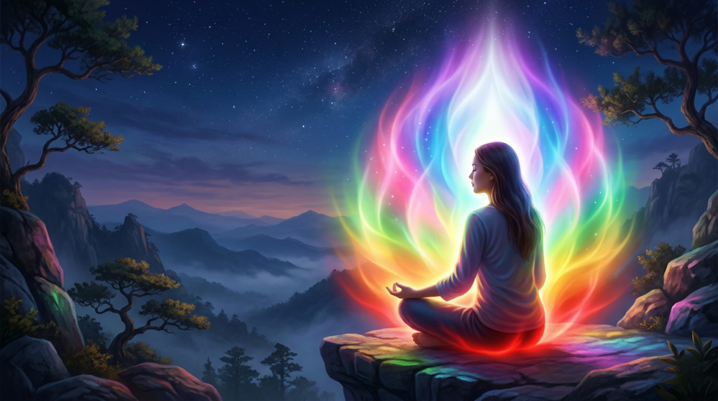 A spiritual woman meditates in a mountain range, surrounded by a spectacular, multicolored flame-like energy field that shows various aura color meanings, under a starry night sky.