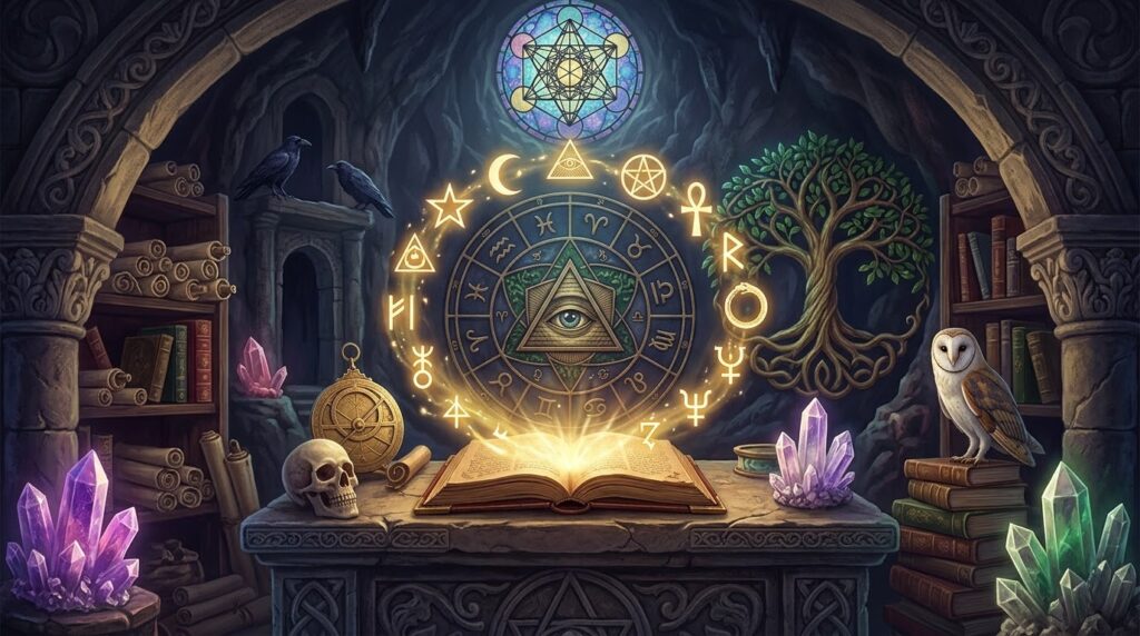 Gemini said A fantasy illustration of an ancient, ornate study or library chamber filled with arcane treasures. In the center, a glowing grimoire sits open on a stone desk beneath an elaborate, glowing alchemical and zodiac diagram that symbolizes the depth of esoteric knowledge. Shelves of old books, scrolls, crystals (amethyst and green), a skull, and astronomical tools surround it, under carved stone arches and a stained-glass window. Two ravens watch from above, and a barn owl is perched to the right.