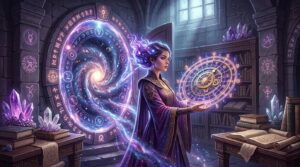 A woman holding a glowing celestial chart in an ancient library filled with crystals and books, standing before a cosmic portal, illustrating the discovery of esoteric knowledge.