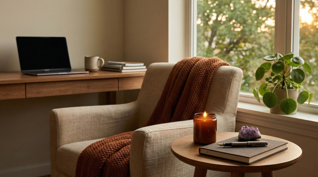 A cozy armchair with a knitted blanket and a side table holding a lit candle, an amethyst crystal, and a journal, perfect for starting evening rituals for stress after a long day.